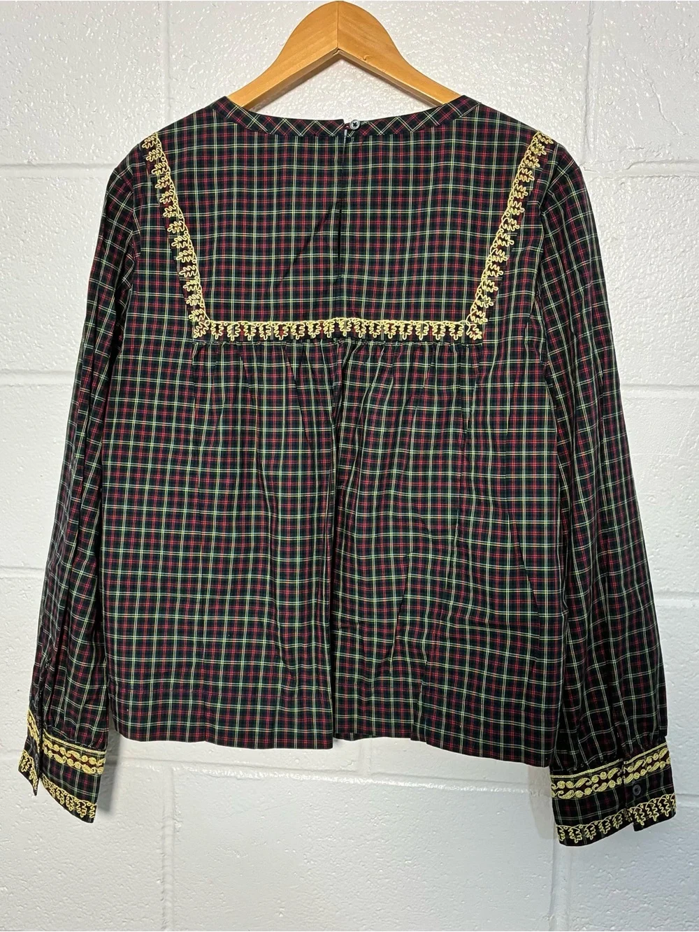 J Crew plaid long sleeve top with gold embroidery embellishments